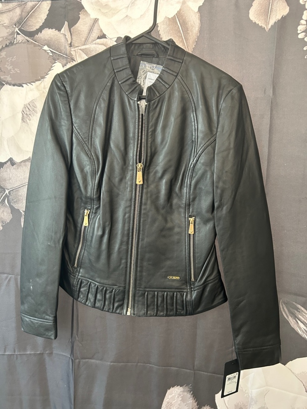 Guess Black Leather Jacket with Gold Hardware